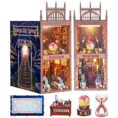 Stoytto 570PCS Book Nook Kit with rotating staircase creates a cozy shelf centerpiece.