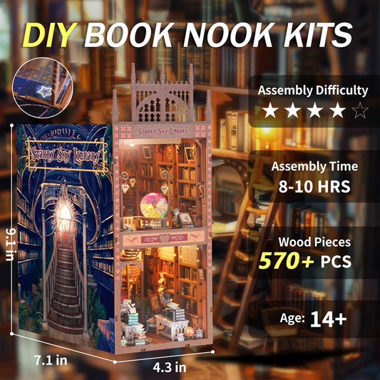 Stoytto book nook kit with soft LED lighting for warm library ambience.