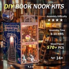 Stoytto book nook kit with soft LED lighting for warm library ambience.