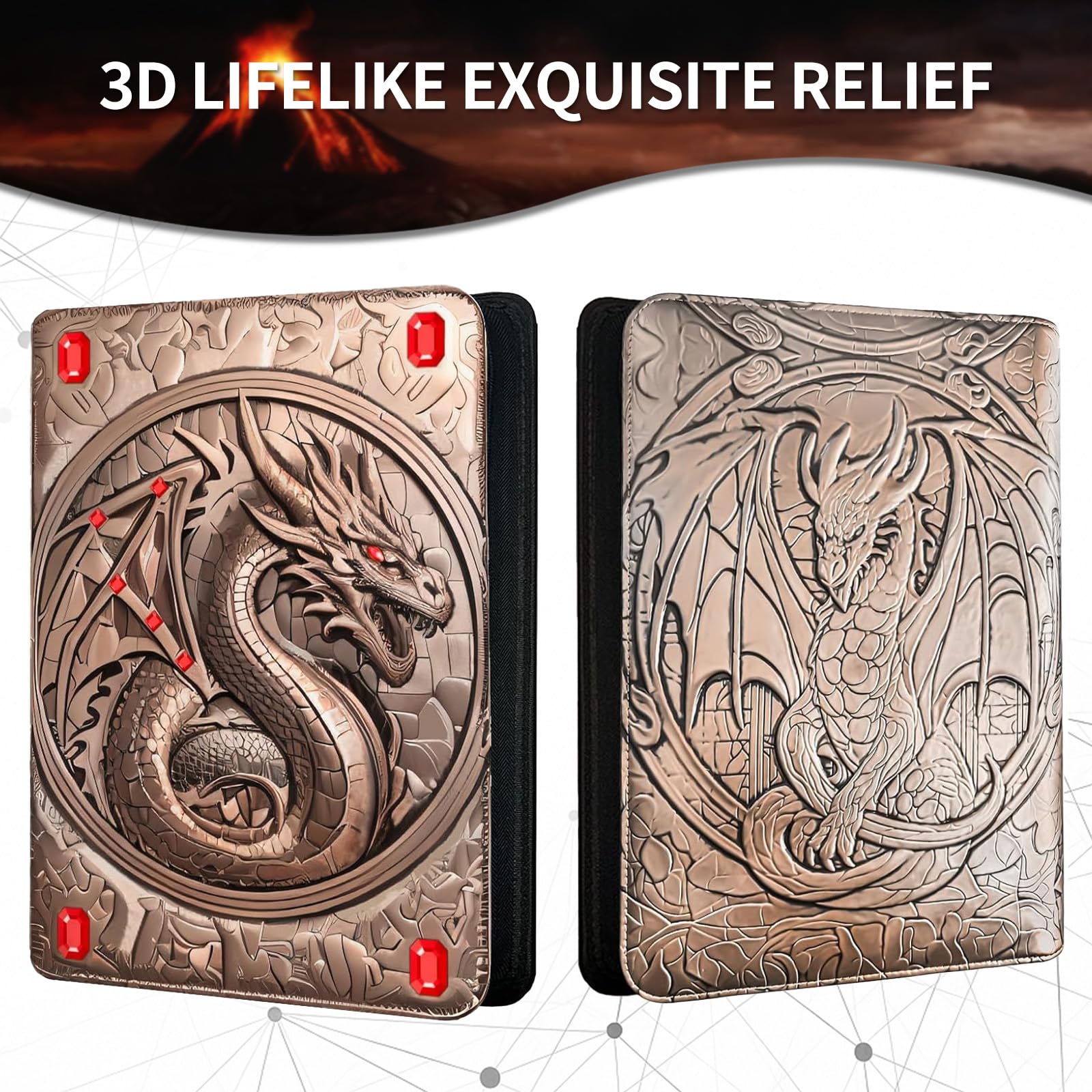 Bronze and red gemstone accents add a luxe touch to the binder exterior.