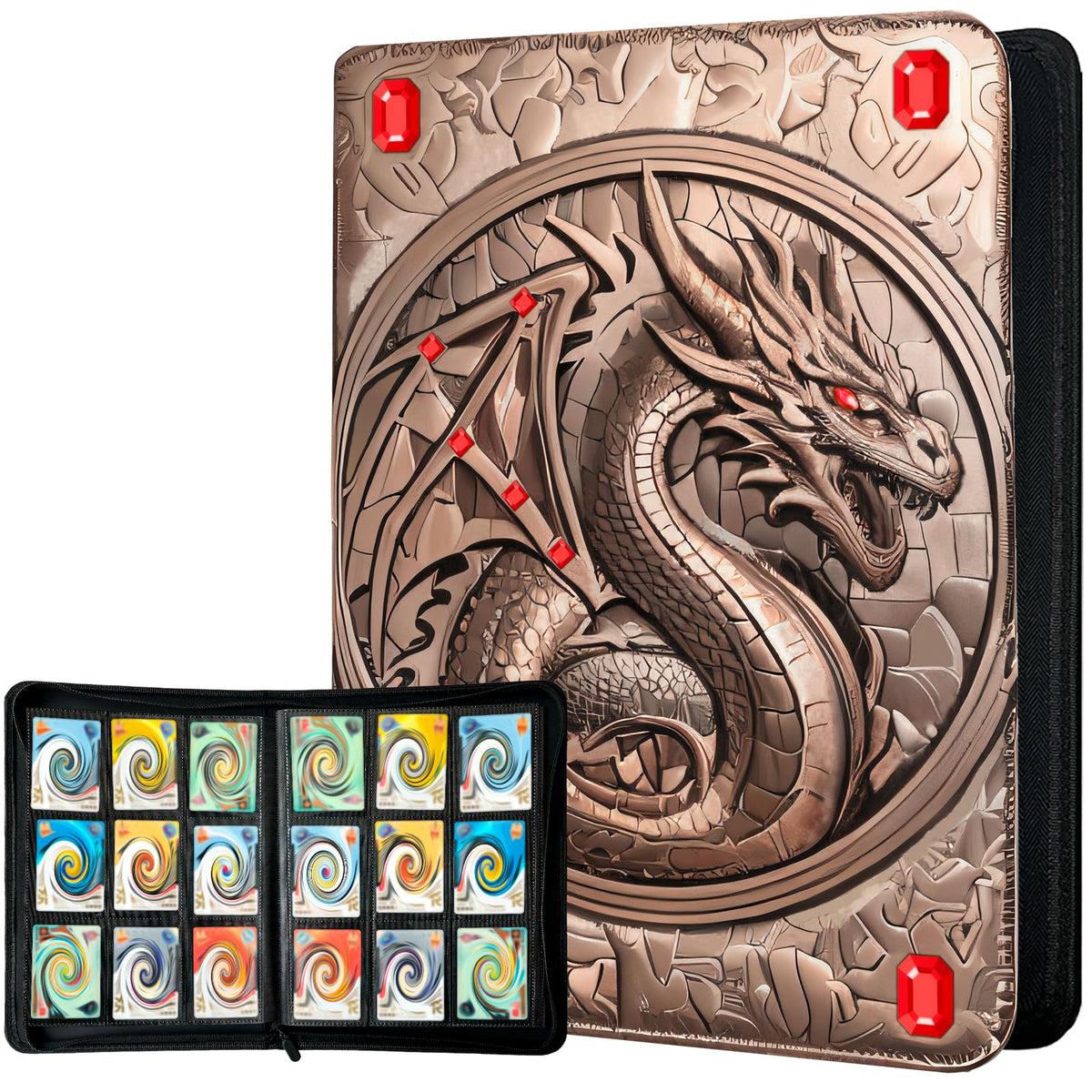 Stoytto binder featuring 3D dragon embossing and gemstone accents for a striking collection display.