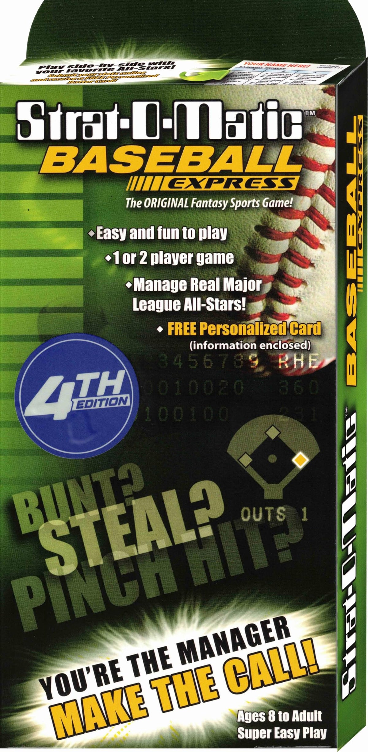 Strat-O-Matic Baseball Express 4th Edition cover with All-Star cards for solo or head-to-head play.