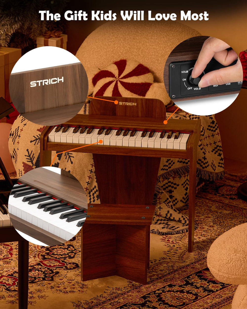 MIDI and MP3 connections on STRICH SEK-37S expand learning options.