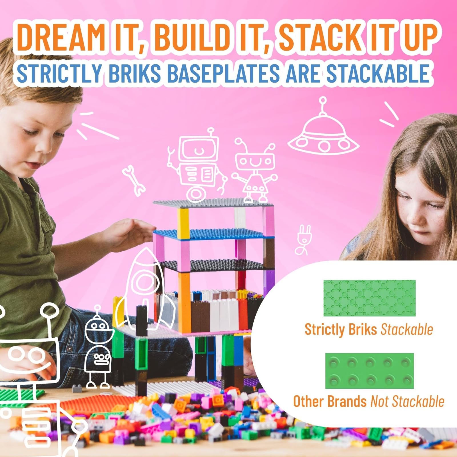 Strictly Briks 10x10 green baseplates provide a stable building surface