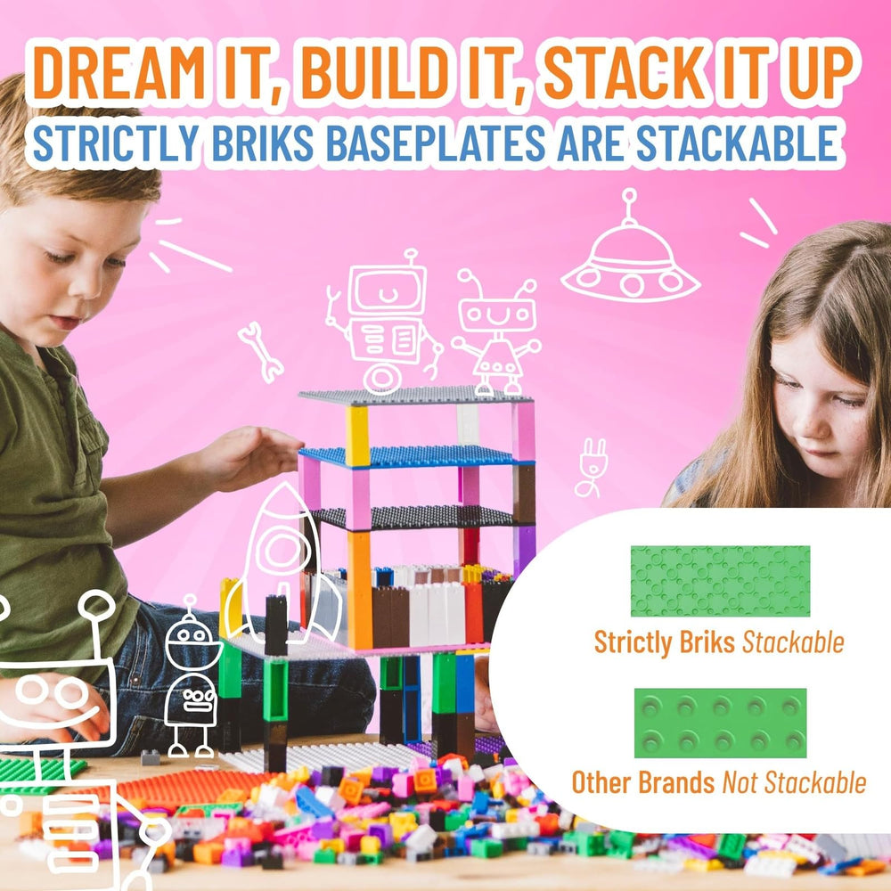 Strictly Briks 10x10 green baseplates provide a stable building surface