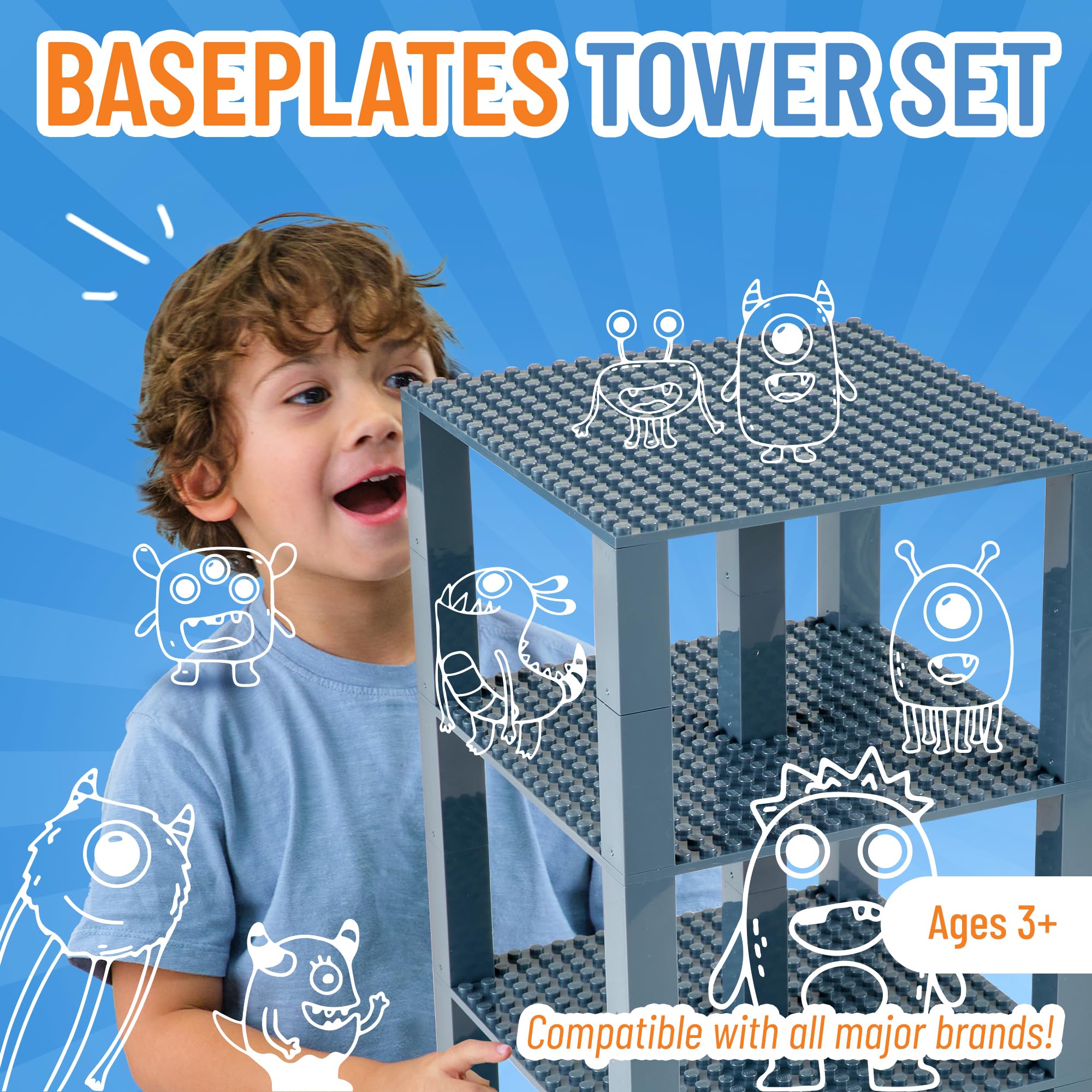 Strictly Briks baseplates and 30 stackers forming a vertical display tower.