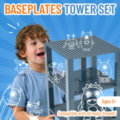 Strictly Briks baseplates and 30 stackers forming a vertical display tower.