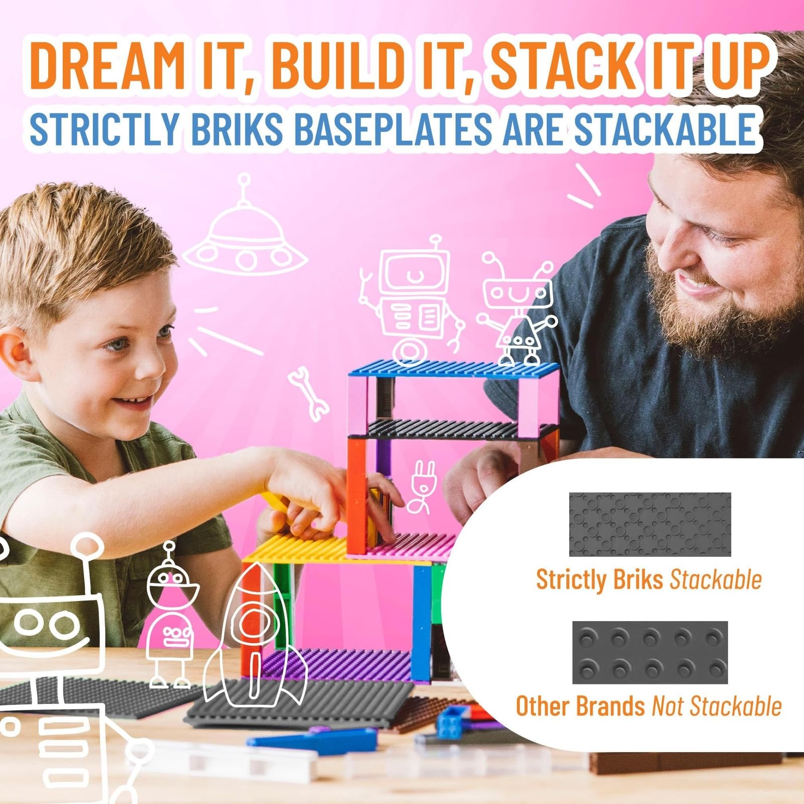 Strictly Briks display platform highlighting minifigs on a gray baseplate
