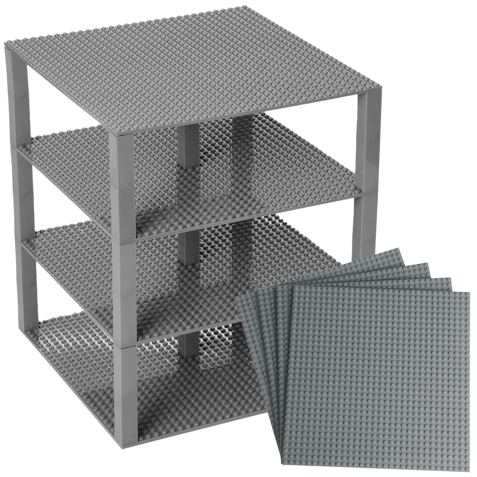 Strictly Briks gray baseplates 4-pack on a neutral surface, LEGO-compatible play surface