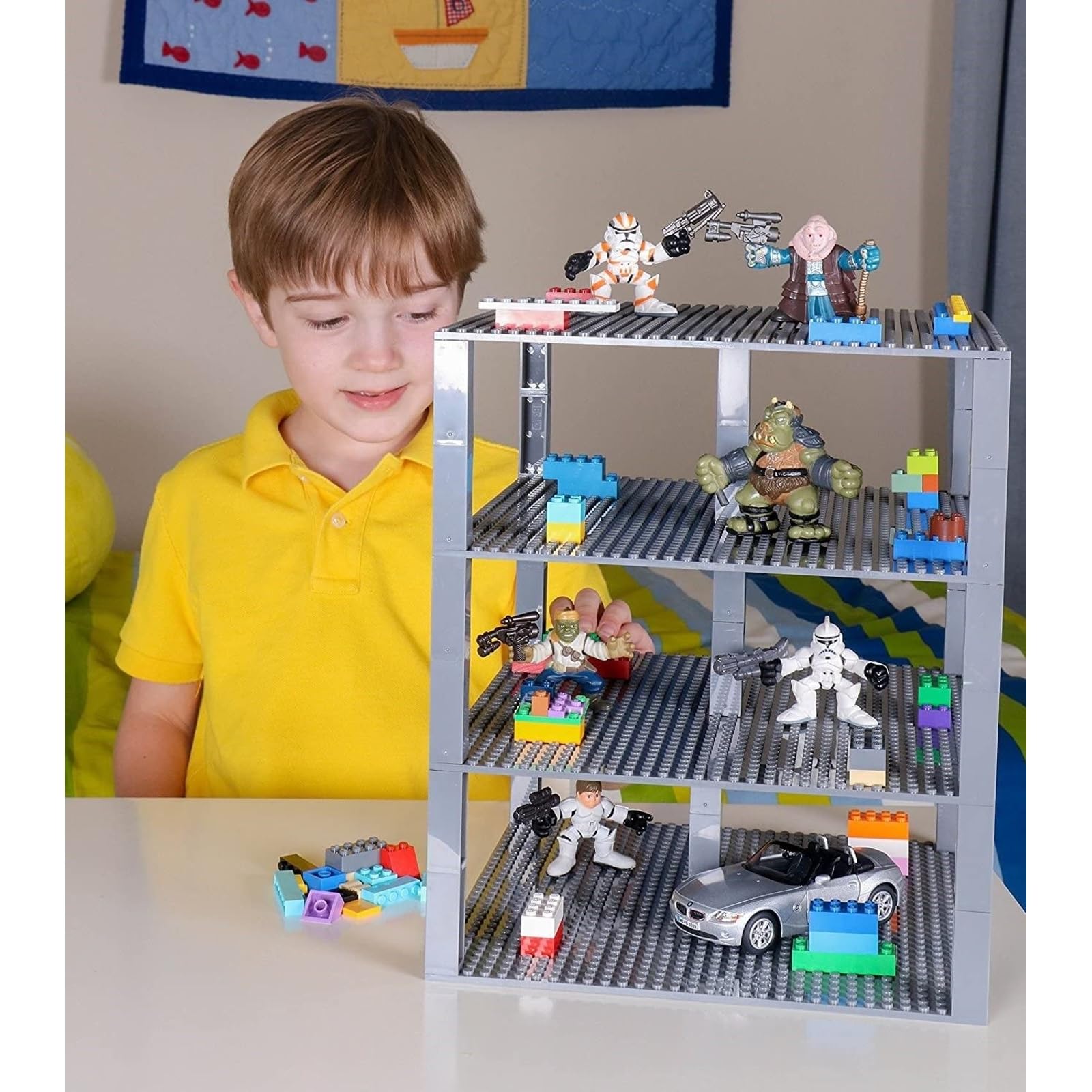 Parking garage concept built on Strictly Briks baseplates with stackable levels