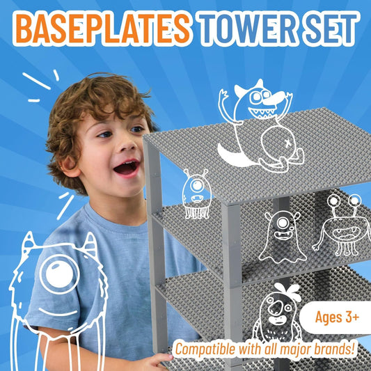 Strictly Briks baseplates with stackers enabling layered display towers