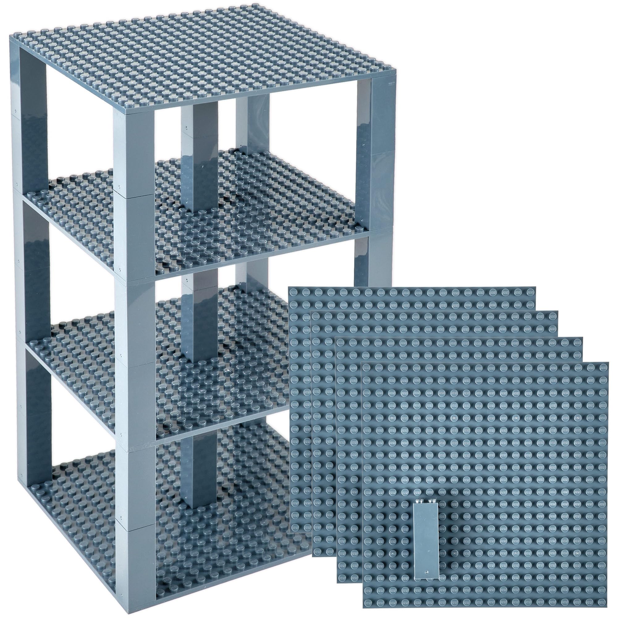 Strictly Briks charcoal grey stackable baseplates for a four-baseplate expandable setup.