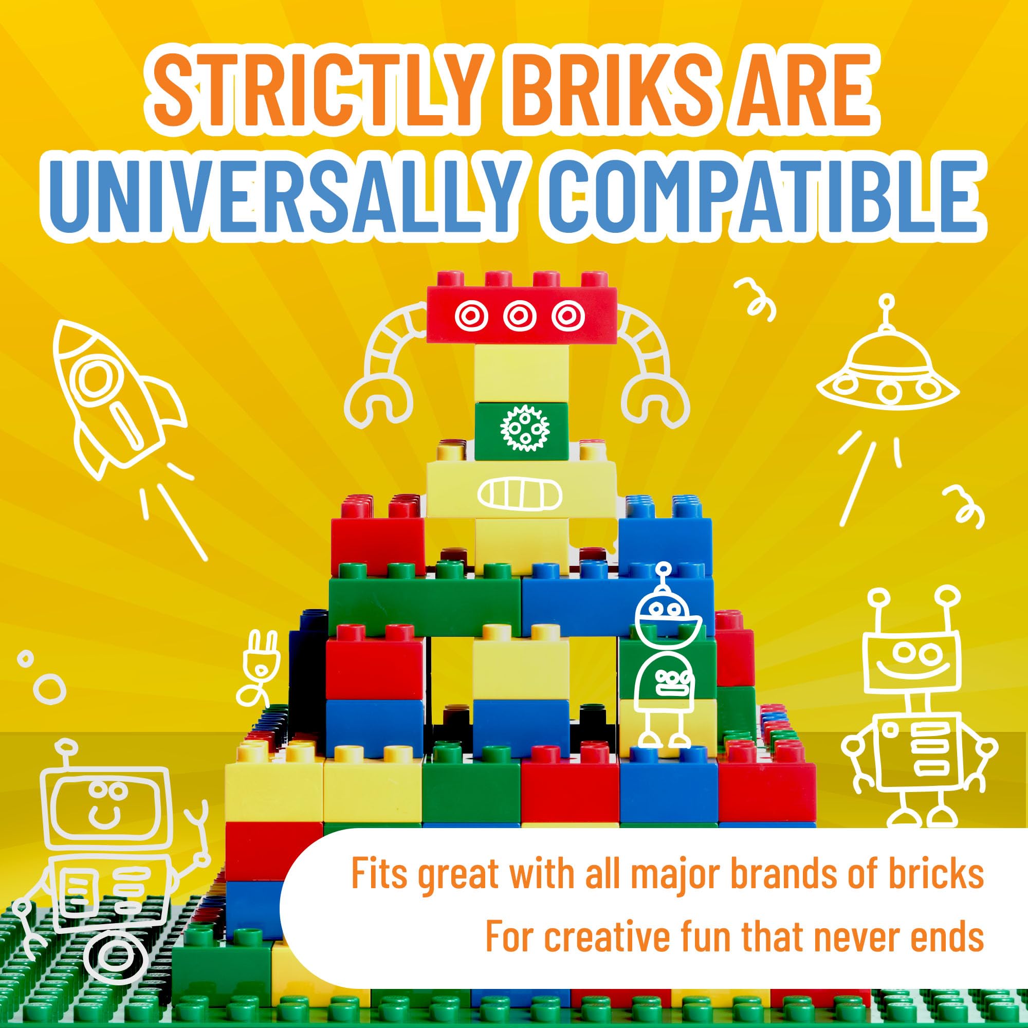 Strictly Briks blocks are compatible with LEGO and Duplo for mix-and-match builds.