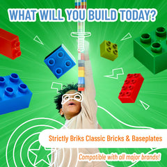 Strictly Briks kids building on a table with bricks demonstrating versatility.