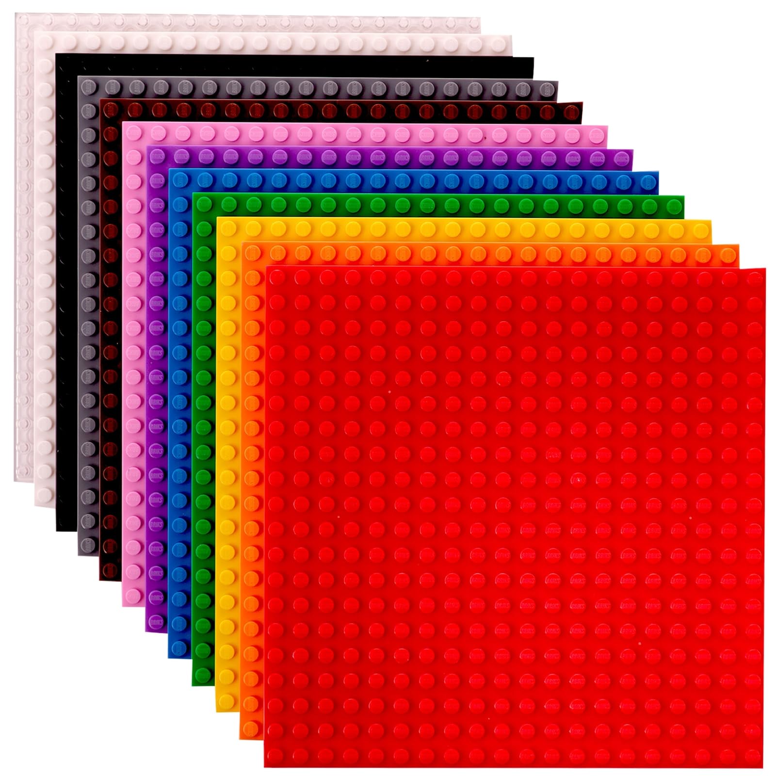Strictly Briks stackable baseplates in rainbow pack form a sturdy 6x6 inch foundation.