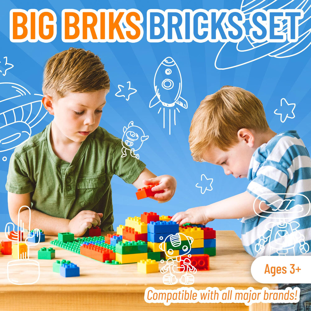 Strictly Briks colorful blocks support hand-eye coordination during tower building.