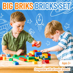 Strictly Briks colorful blocks support hand-eye coordination during tower building.