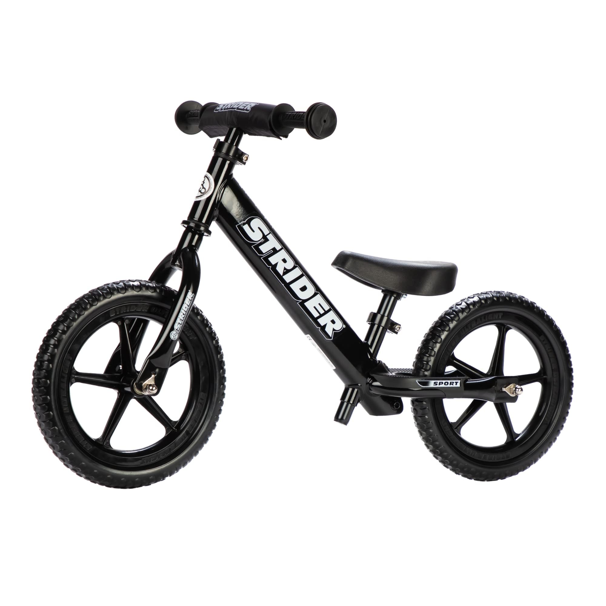 Strider 12-inch balance bike front view highlights a lightweight, kid-friendly ride.