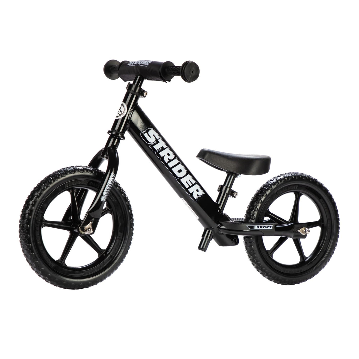 Strider 12-inch balance bike front view highlights a lightweight, kid-friendly ride.