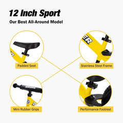 Yellow padded seat on Strider 12-inch Sport Bike supports comfortable rides.