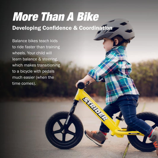 Strider 12-inch Sport Bike yellow, side view, adjustable features for growing children.