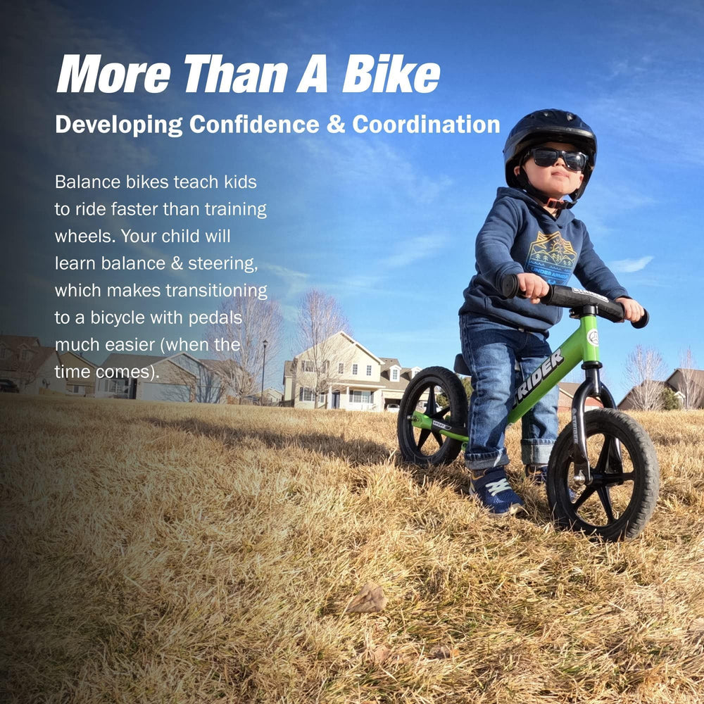 Strider 12-inch Sport Bike green front view showcasing sturdy frame for confidence.