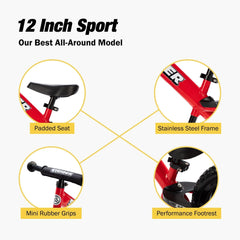 Strider red bike seat and handlebar area demonstrating tool-free height adjustments.