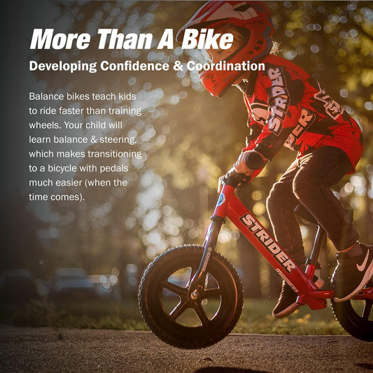 Strider 12” Sport Bike red side profile emphasizing adjustable seat and handlebars.