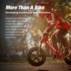 Strider 12” Sport Bike red side profile emphasizing adjustable seat and handlebars.