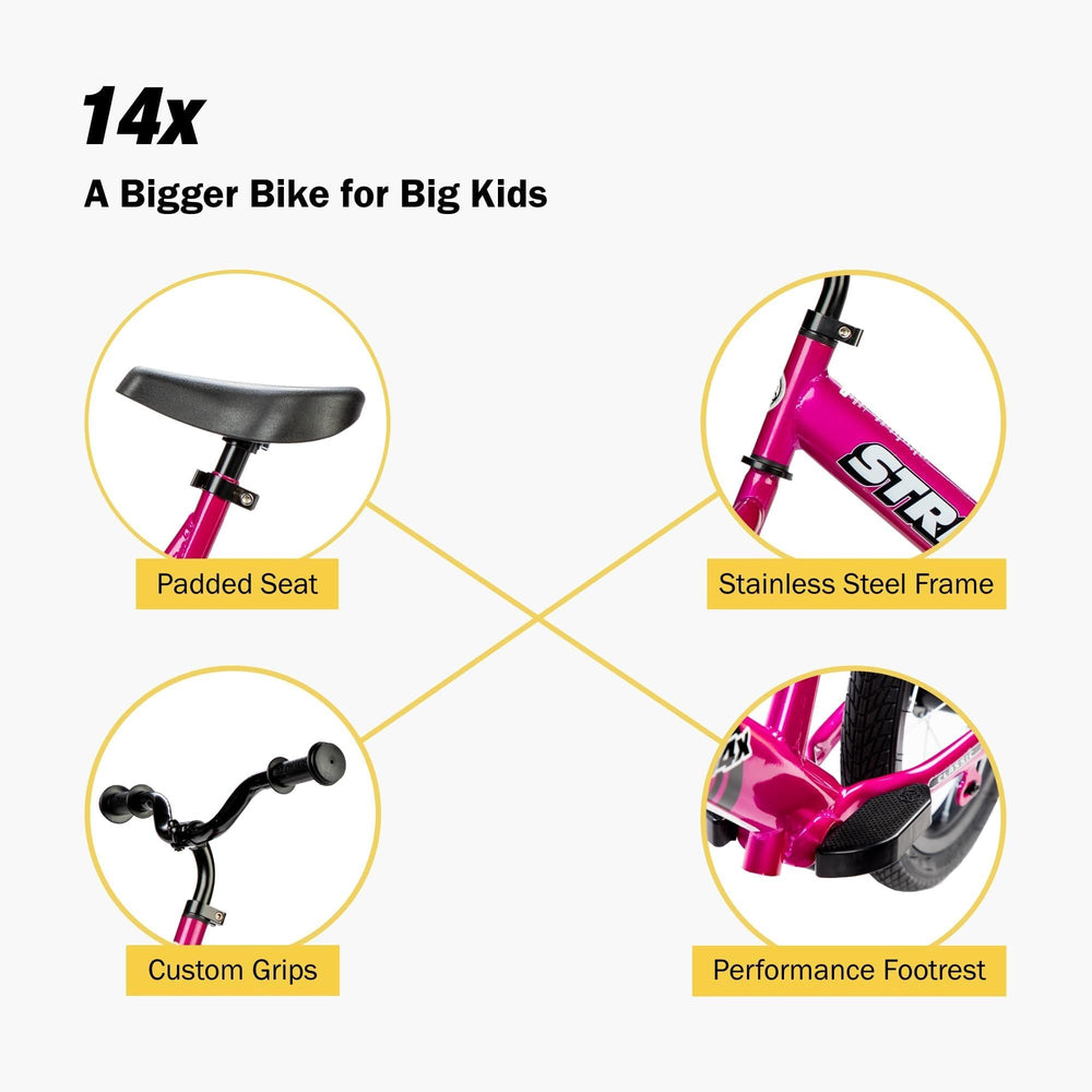 Strider 14x padded seat closeup emphasizes cushioned comfort on longer rides