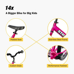 Strider 14x padded seat closeup emphasizes cushioned comfort on longer rides