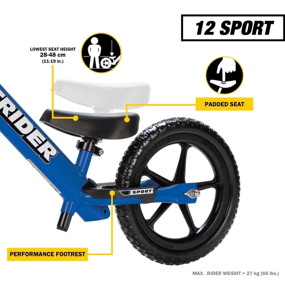 Strider balance bike 12-inch blue handlebars image highlights mini grips for small hands.