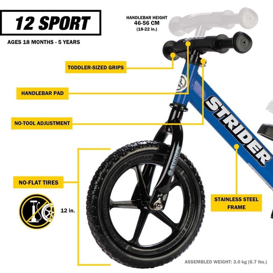 Strider balance bike 12-inch blue side view highlights low-profile frame for comfortable scooting.