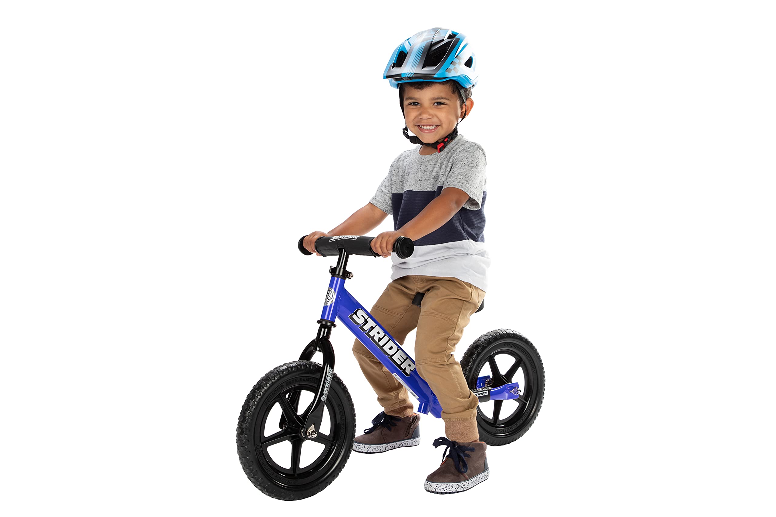 Strider balance bike 12-inch blue tool-free assembly for quick setup.