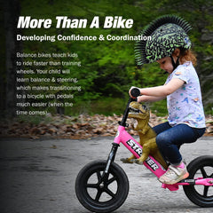 Strider balance bike no-pedal design promotes natural gliding and steering.