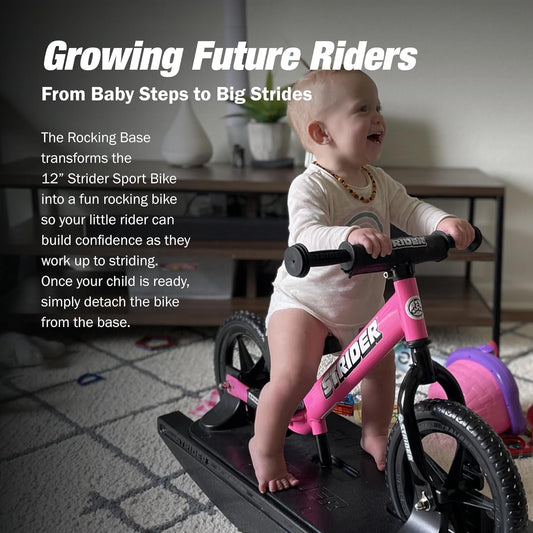Rocking base attached to Strider bike enabling safe rocking balance play.
