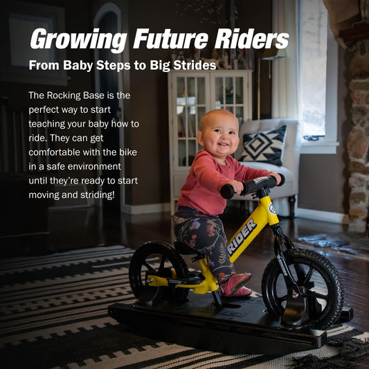 Strider rocking base in rocking mode supports balance development for toddlers.