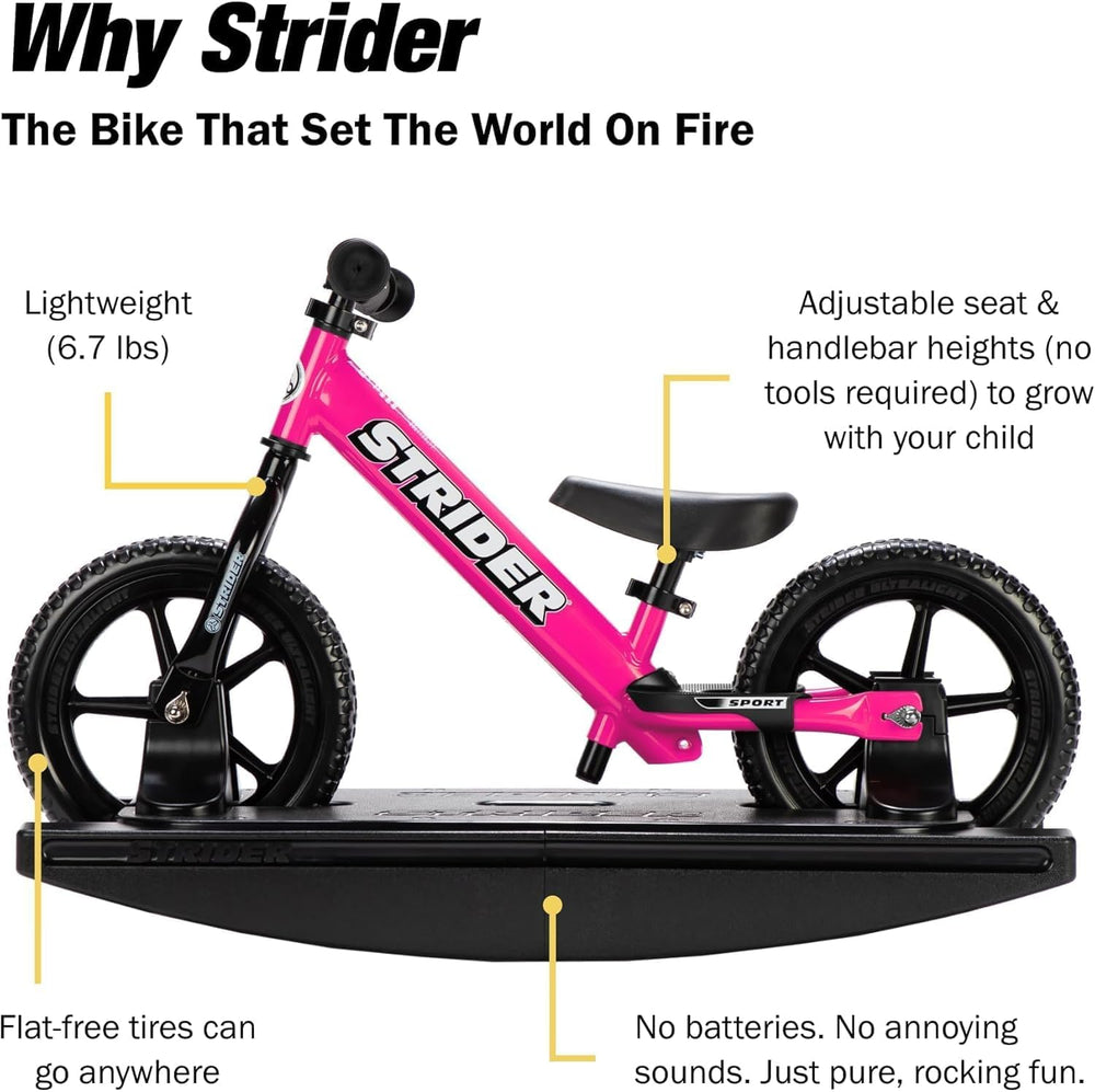 Safety pad on Strider bike adds protection during early riding sessions.
