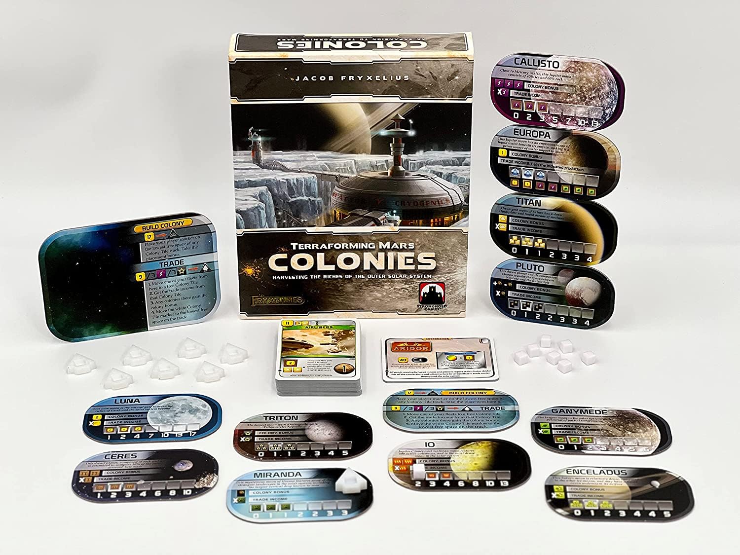 Stronghold Games' Terraforming Mars: Colonies resource emblems track minerals and credits.