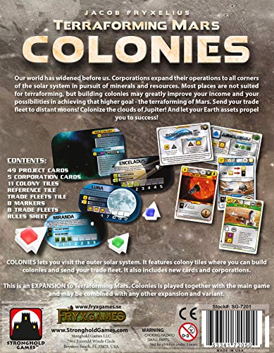 Stronghold Games' Terraforming Mars: Colonies tile board highlights colony placement options.