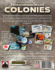 Stronghold Games' Terraforming Mars: Colonies tile board highlights colony placement options.