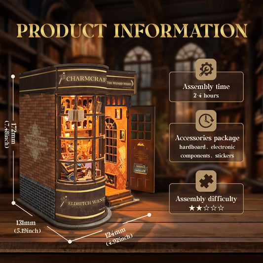 STRUCWOOD wand shop scene highlights flying books for storytelling vibes