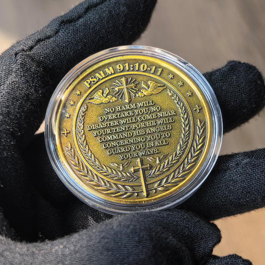 Strugglejewelry Archangel Michael challenge coin back with Psalm 91:10-11 inscription for reflection