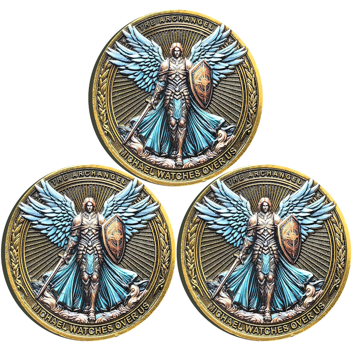 Strugglejewelry Archangel Michael challenge coin front view for daily protection carry