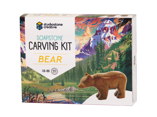 STUDIOSTONE CREATIVE carving kit shows bear sculpture ready for creative projects