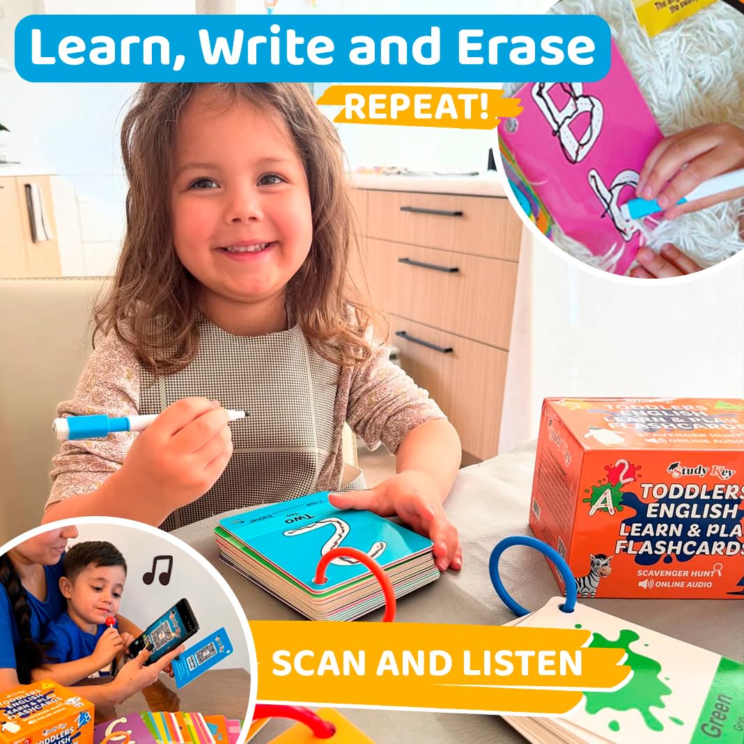 Study Key vibrant print letters card shows uppercase and lowercase recognition.