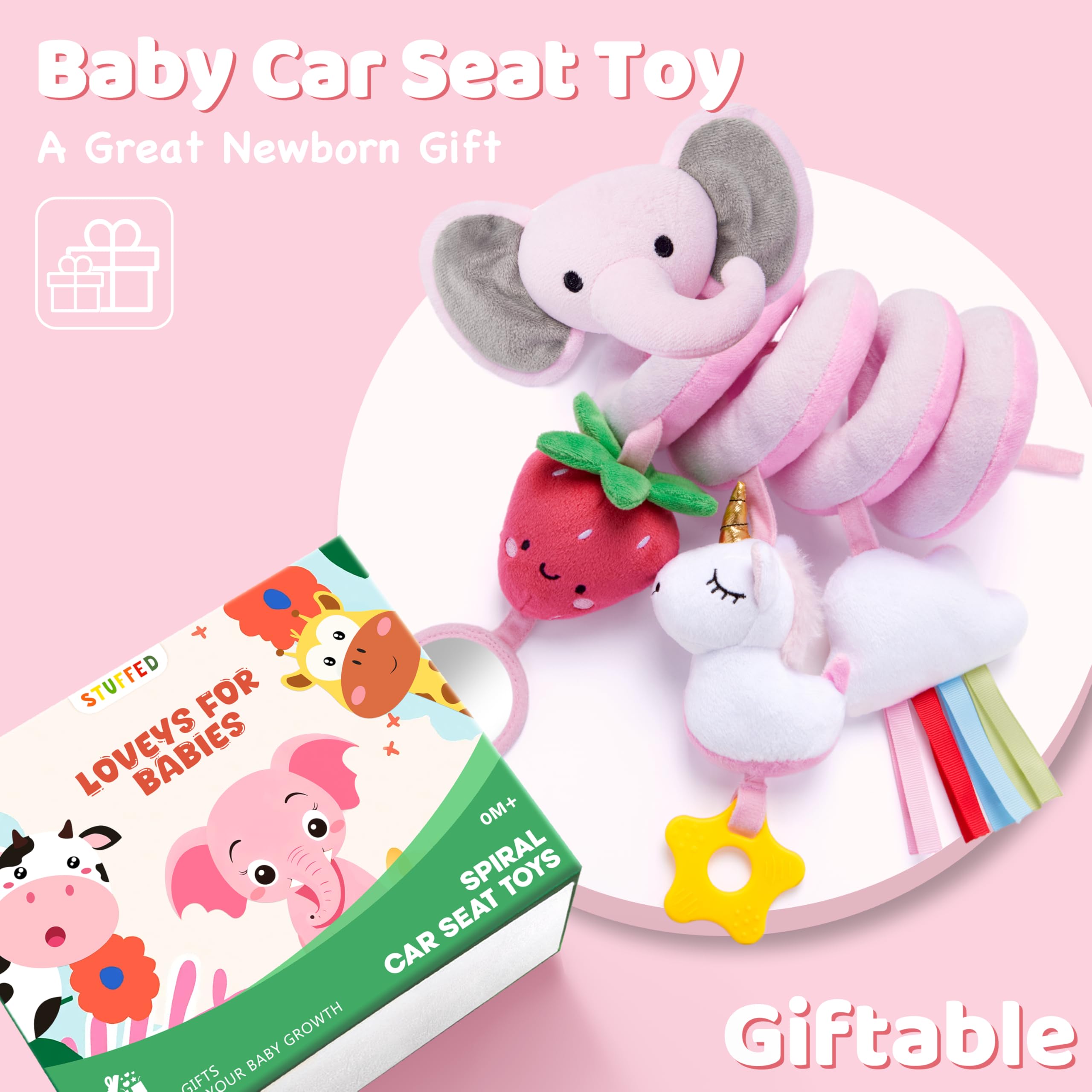 Stuffed car seat clip attachment adds stability during travel.