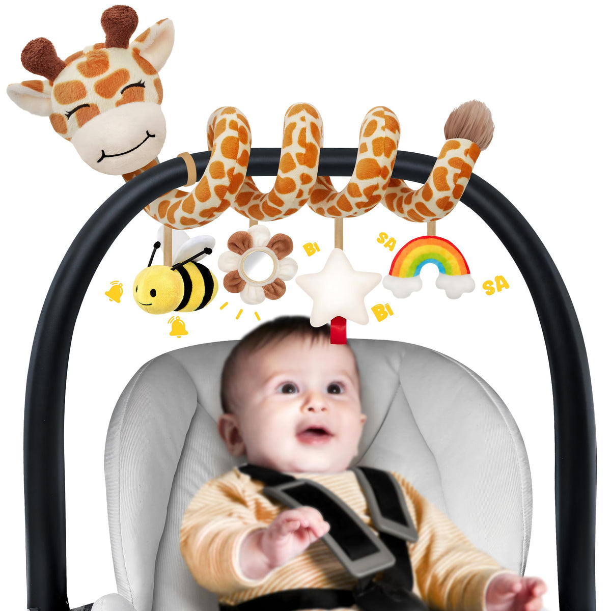 Stuffed Giraffe Spiral Toy attached to car seat supports newborn visual tracking