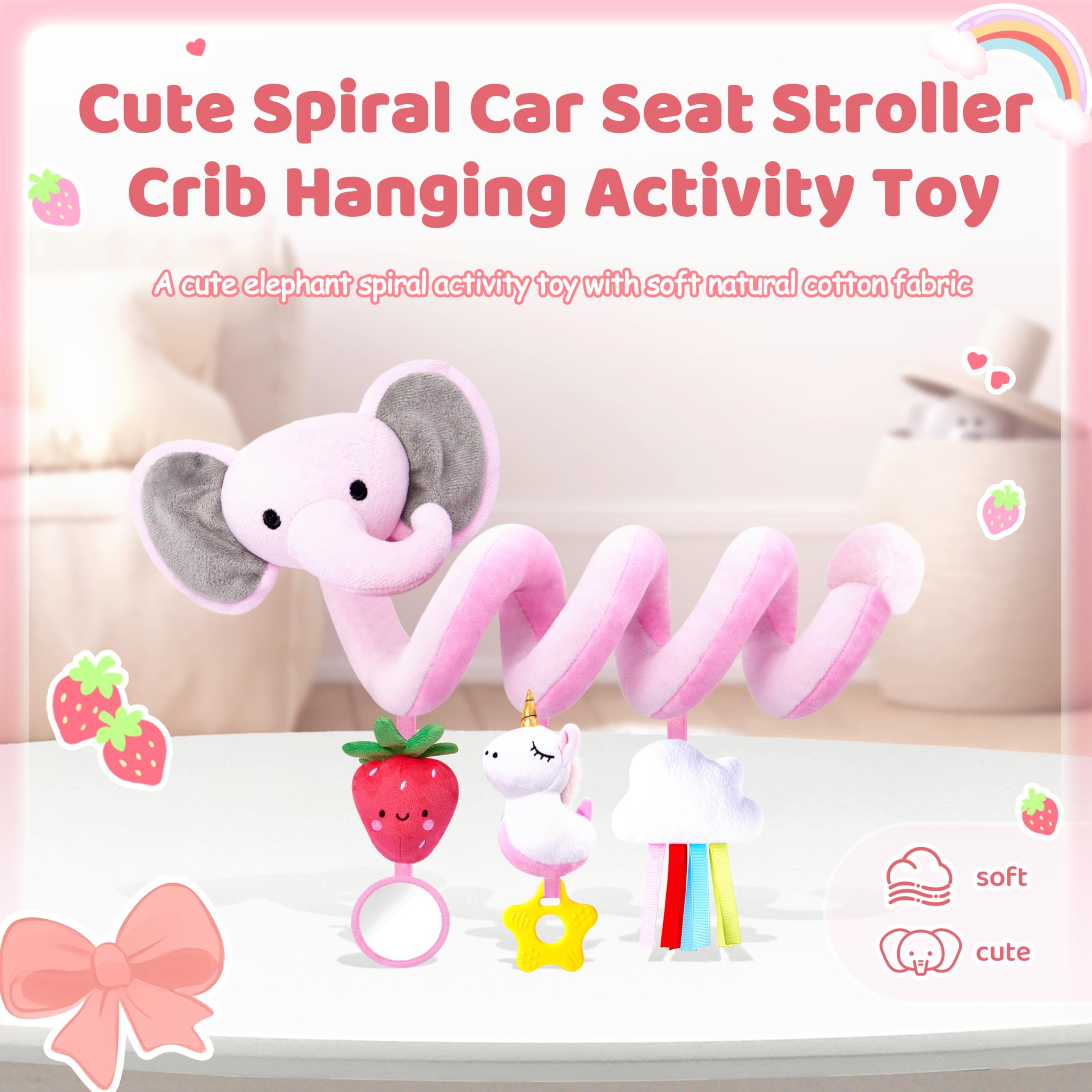 Stuffed pink elephant strawberry plush detaches for interactive gripping and play.