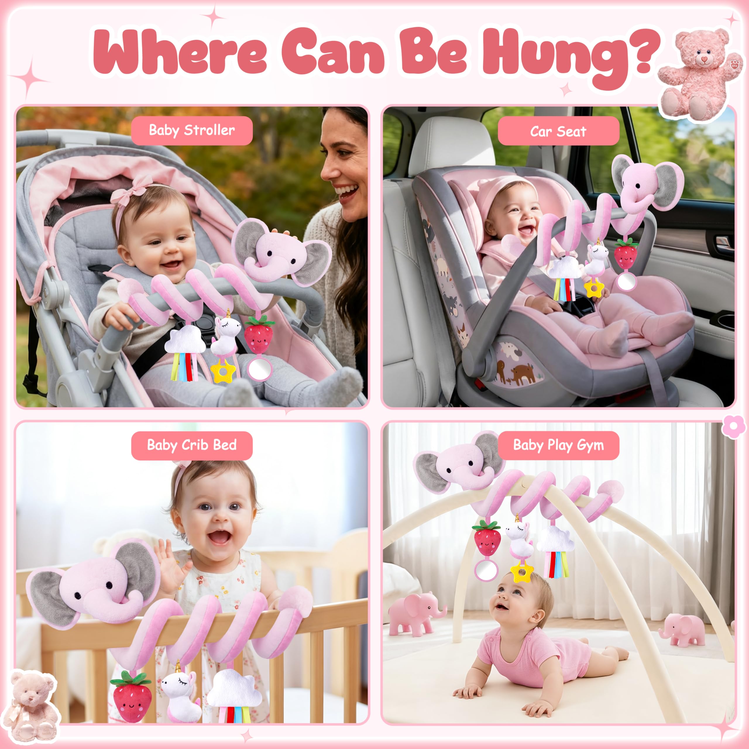 Stuffed quilted rainbow plush with squeaker boosts baby engagement.